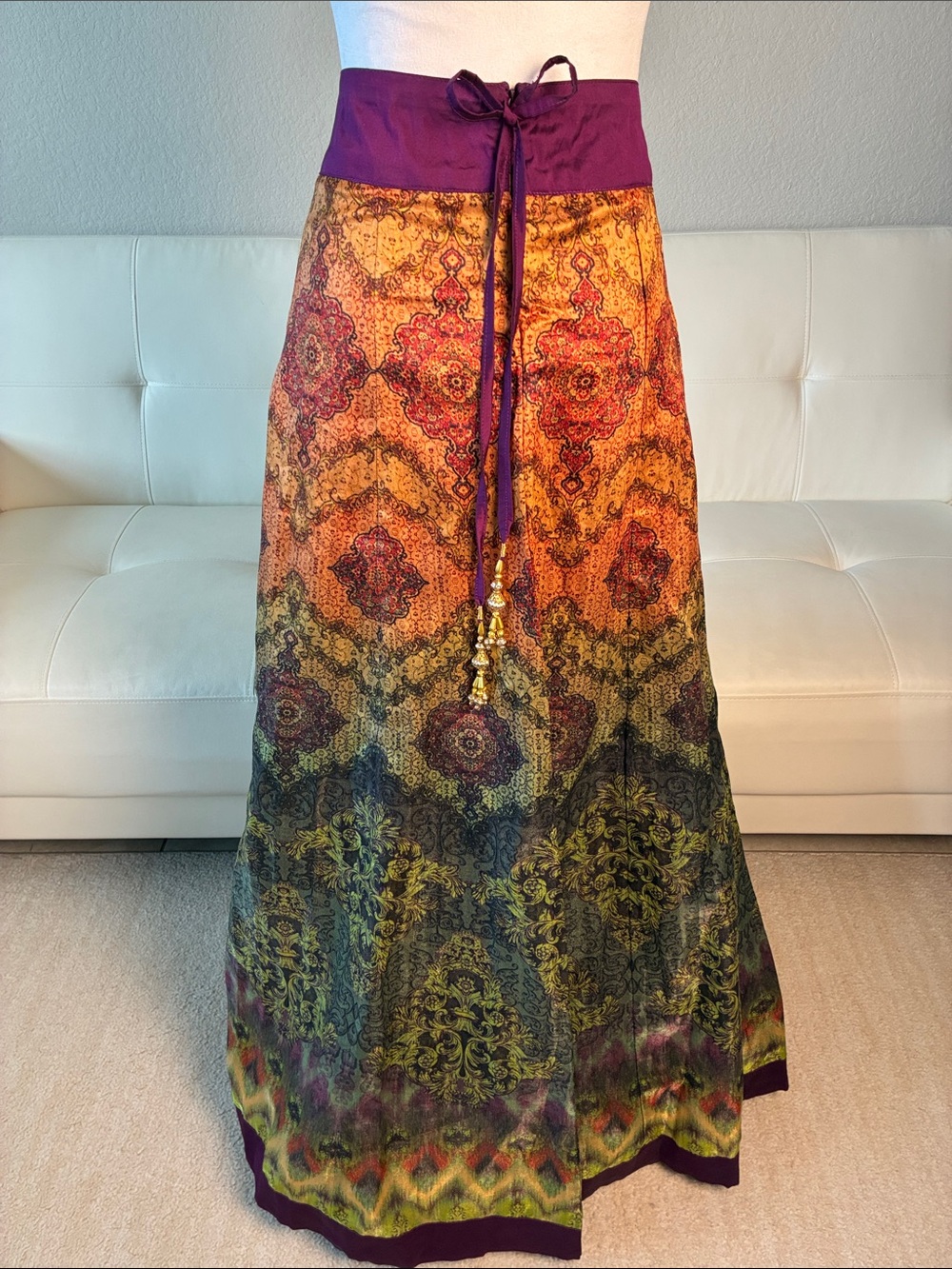 Boho Ombre Maxi Skirt with Purple Waistband - Bohemian Indian Style